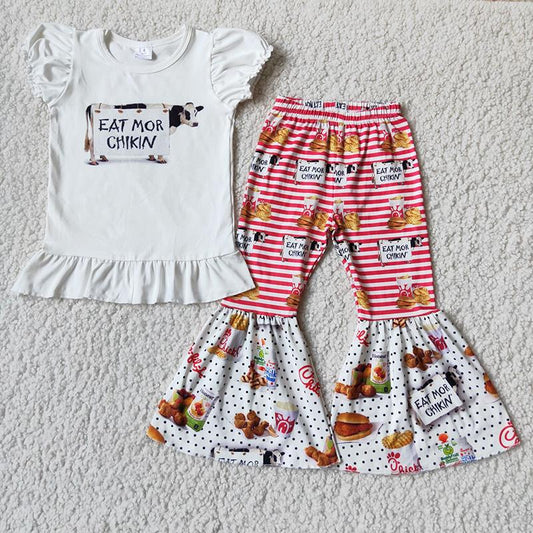 Promotion Baby Girl Short Sleeves Cow Shirt Stripe Bell Pants Set