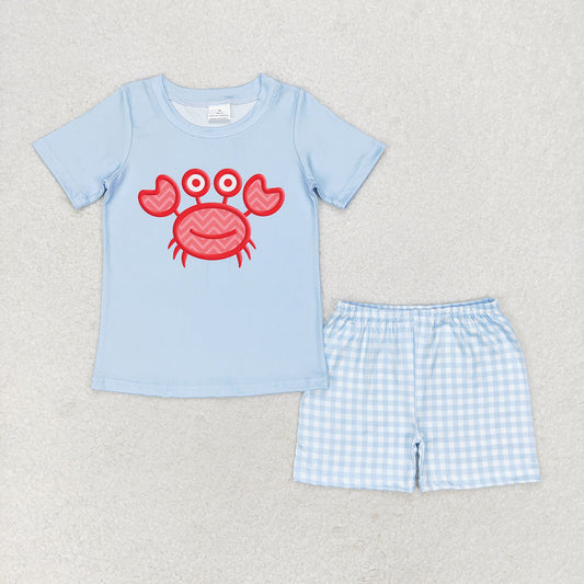 Baby Boy Crab Blue Shirt Plaid Shorts Summer Set
