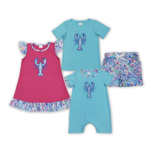 Baby Boy Girl Crayfish Embroidery Summer Sibling Romper Dress Set Clothes RTS