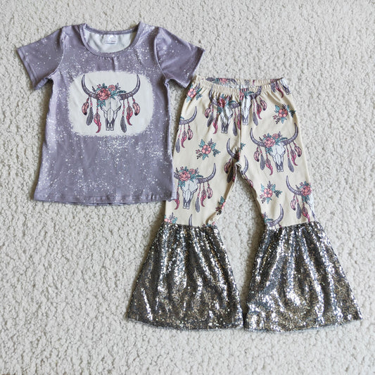 Promotion Baby Girl Short Sleeves Shirts Cow Floral Sequins Bell Pants Set