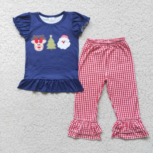 Promotion Baby Girl Christmas Short Sleeves Santa Deer Print Shirt Red Plaid Pants Set RTS