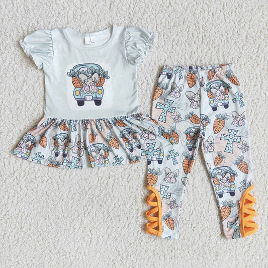 Promotion D1-3 Easter Baby Girl Short Sleeves Carrots Tops Rabbit Pants Set