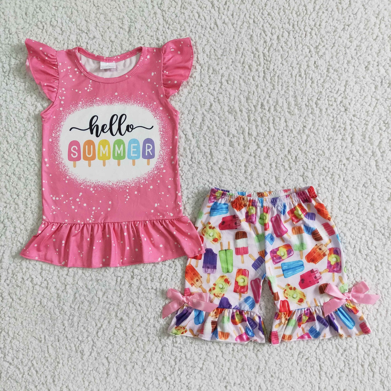 Promotion Baby Girl Summer Popsicle Pink Shirt Shorts Outfit