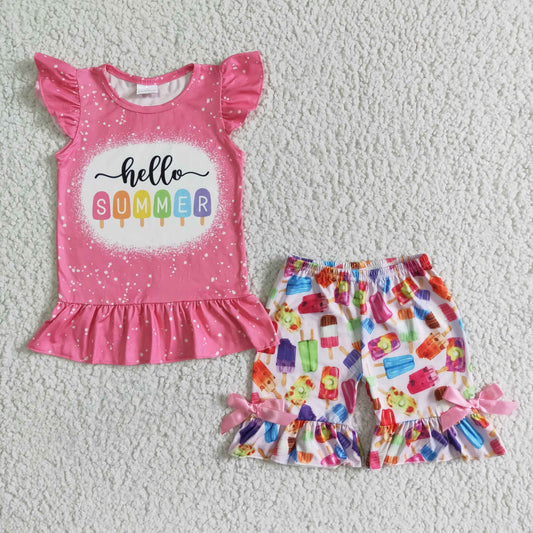 Promotion Baby Girl Short Sleeves Summer Popsicle Pink Shirt Shorts Outfit RTS