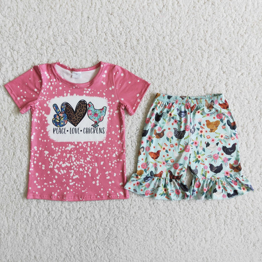 Promotion Baby Girl Short Sleeves Shirt Chicken Floral Shorts Set