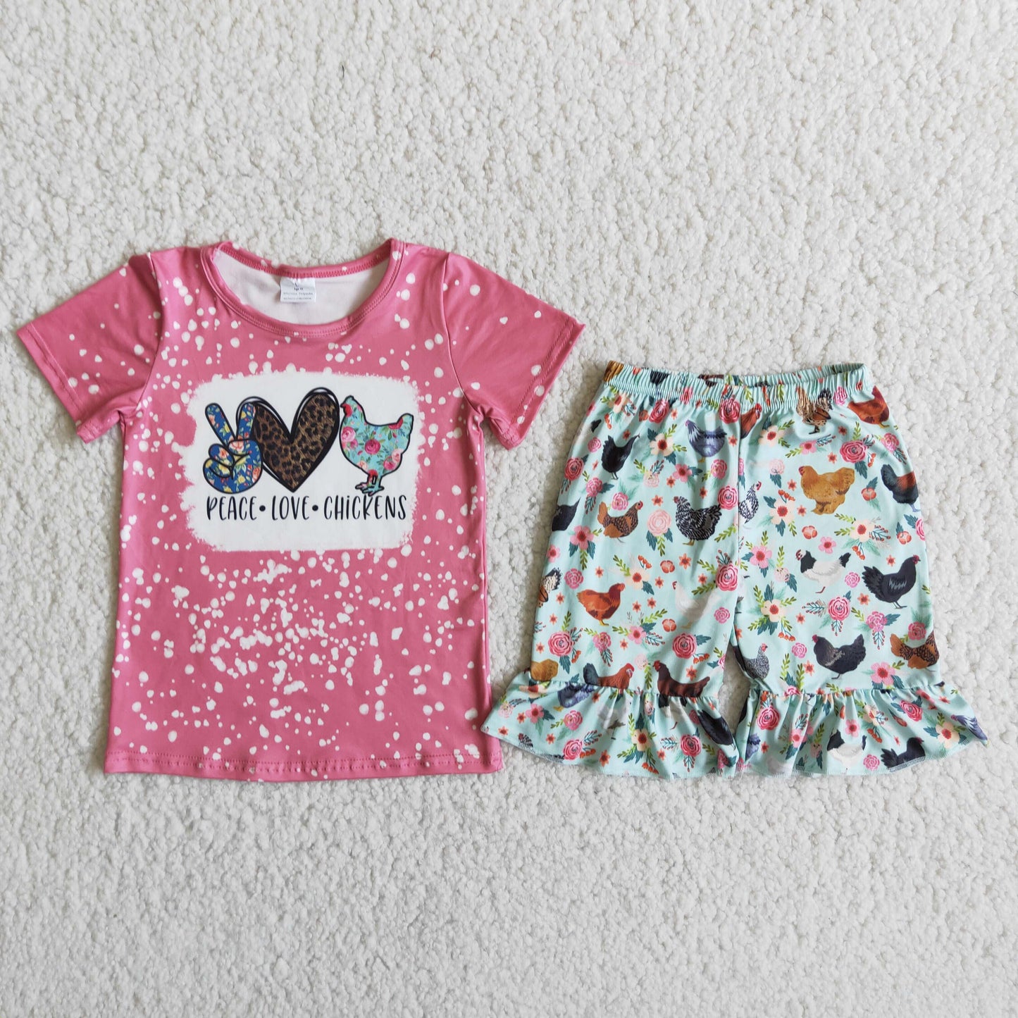 Promotion Baby Girl Short Sleeves Chicken Heart Tunic Floral Shorts Set RTS