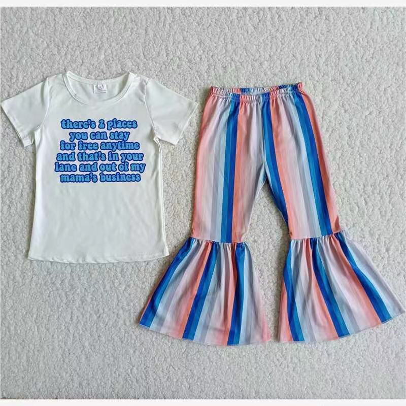 Promotion Baby Girl Short Sleeves Shirt Stripes Bell Pants Outfit