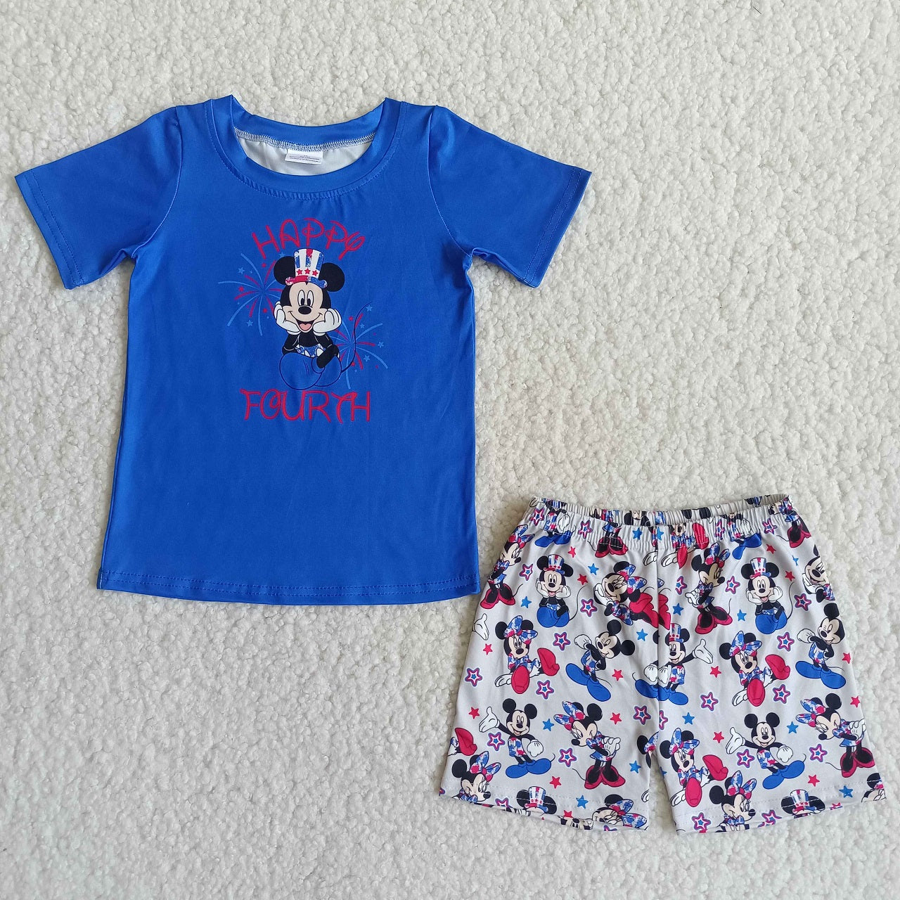 Promotion Baby Boy Summer Mouse Blue Shirt Shorts July 4th Set