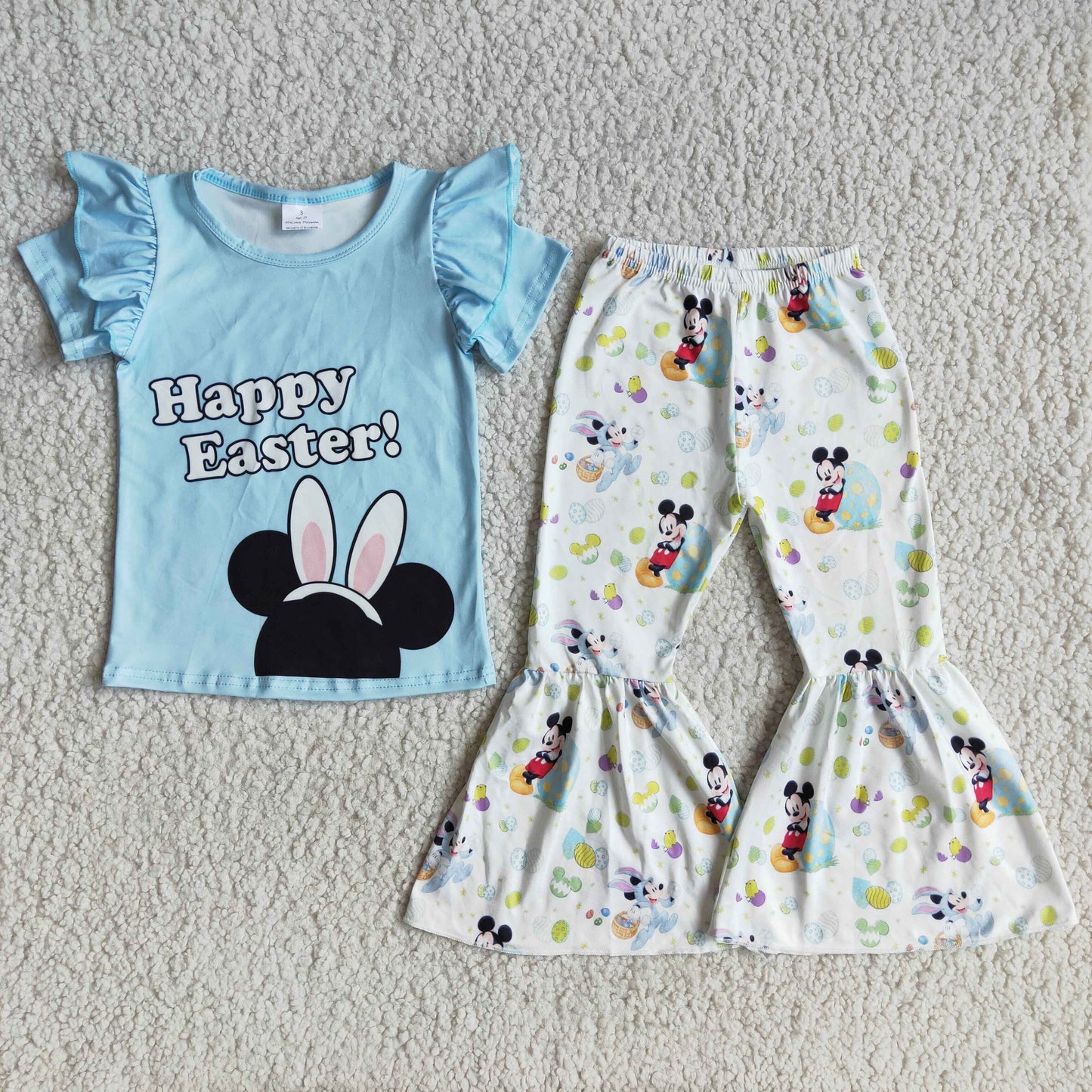 Promotion Baby Girl Short Sleeves Easter Shirt Eggs Bell Pants Set