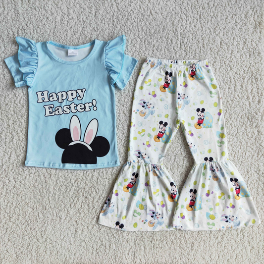 Promotion D10-20 Baby Girl Short Sleeves Easter Cartoon Shirt Eggs Bell Pants Set