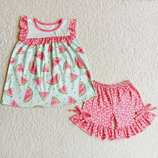 Promotion Baby Girl Short Sleeves Watermelon Tunic Ruffle Dots Shorts Summer Outfit