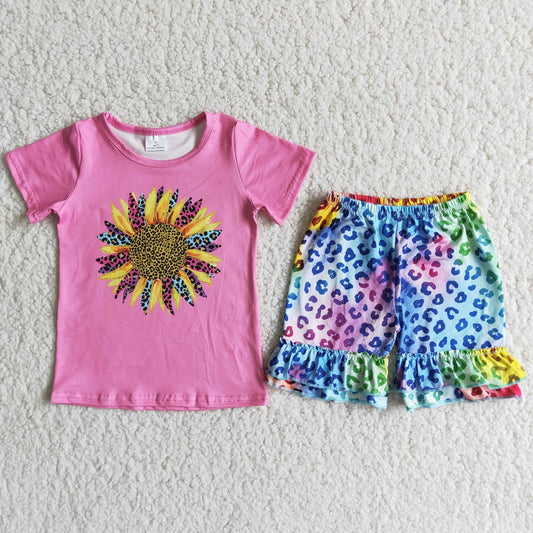 Promotion Baby Girl Short Sleeves Sunflower Shirt Leopard Shorts Set