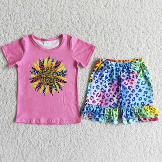 Promotion Baby Girl Short Sleeves Flower Shirt Leopard Shorts Set RTS