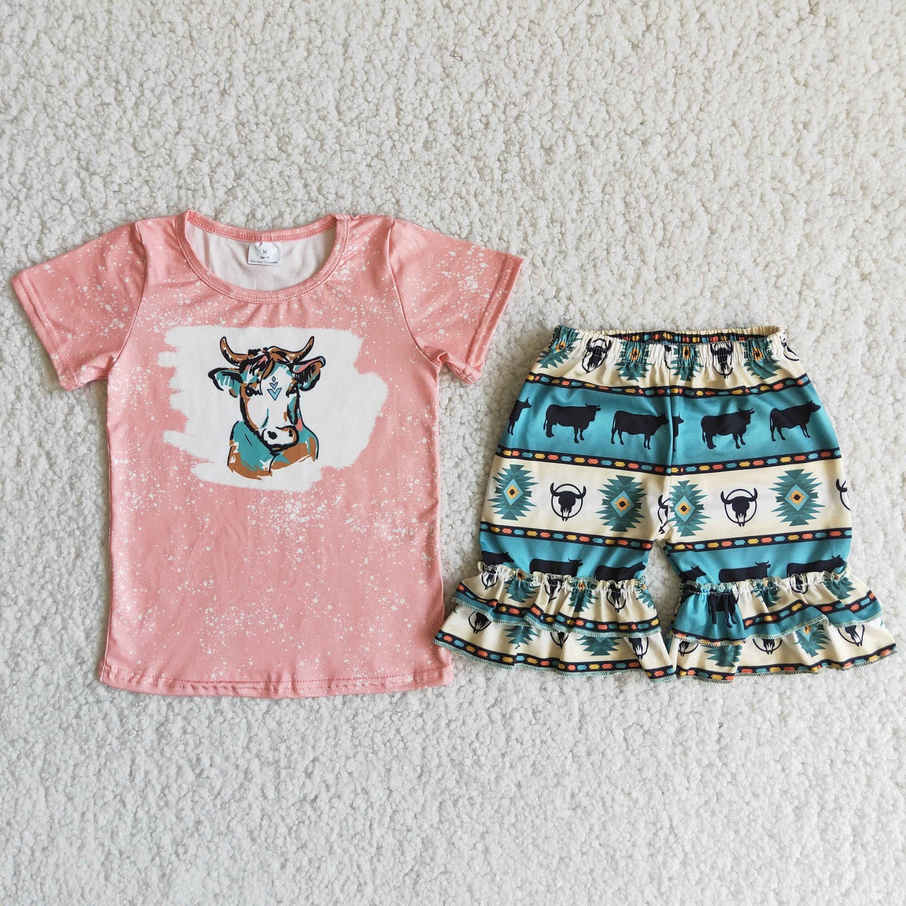 Promotion Baby Girl Short Sleeves Cow Pink Shirt Shorts Set