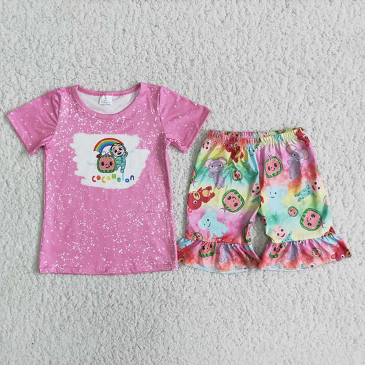 Promotion Baby Girl Short Sleeves Pink Shirt Melon Shorts Set