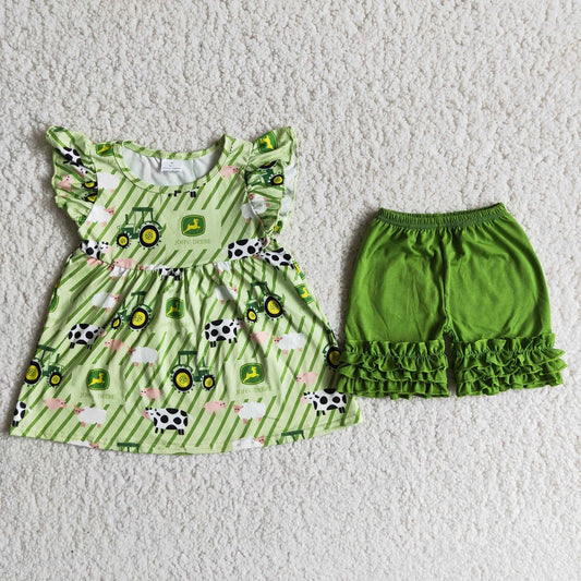 Promotion Baby Girl Short Sleeves Tractors Tunic Green Ruffle Shorts Summer Set