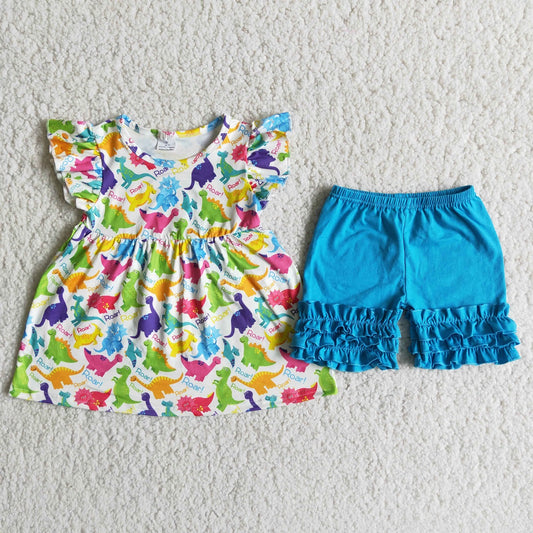 Promotion Baby Girl Short Sleeves Dinosaur Tops Blue Ruffle Shorts Summer Set