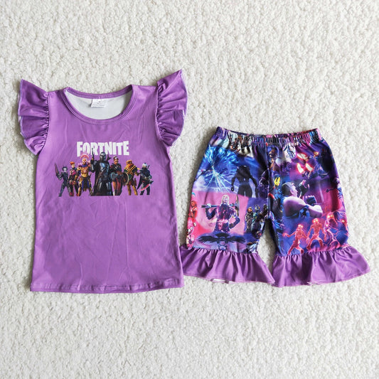 Promotion Baby Girl Short Sleeves Purple Tops Shorts Set