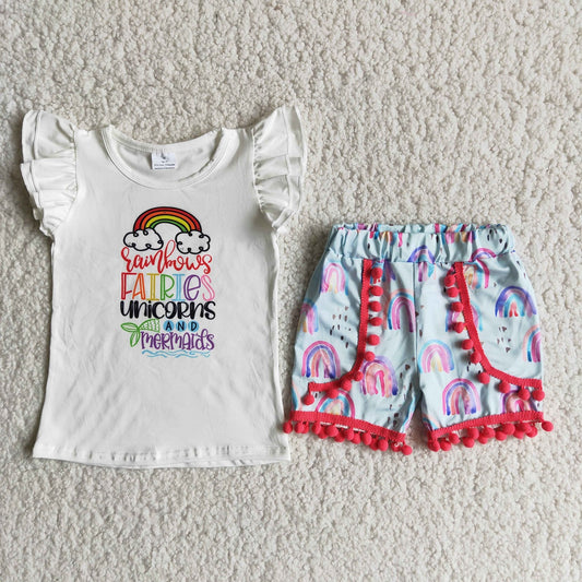 Promotion Baby Girl Short Sleeves Shirt Rainbow Shorts Set