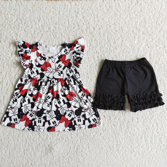 Promotion Baby Girl Summer Mouse Black Ruffle Shorts Outfit