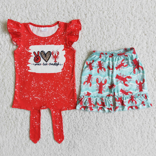 Promotion Baby Girl Short Sleeves Red Shirt Crawfish Ruffle Shorts Summer Outfit RTS