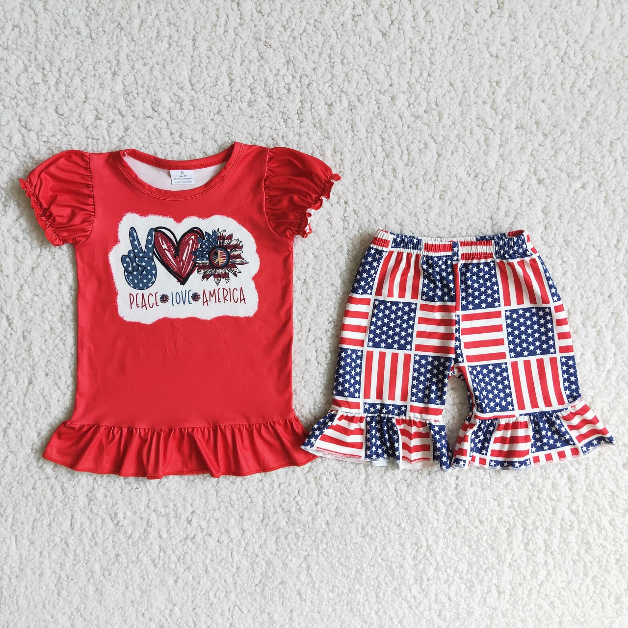 Promotion Baby Girl Short Sleeves Red Shirt Stars Stripes Shorts July 4th Set