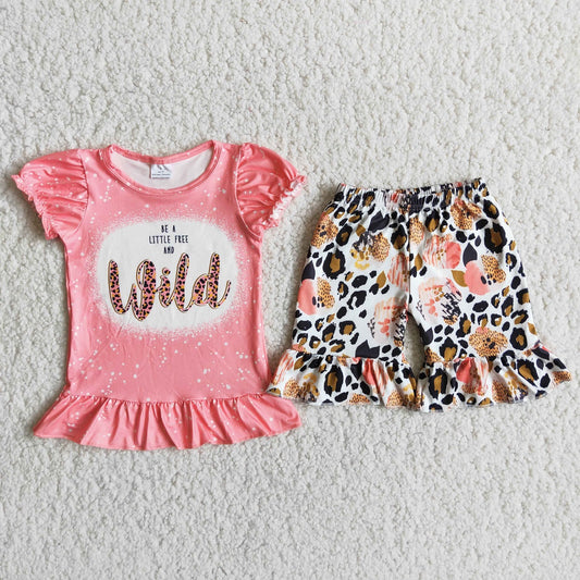 Promotion Baby Girl Summer Pink Shirt Leopard Ruffle Shorts Outfit