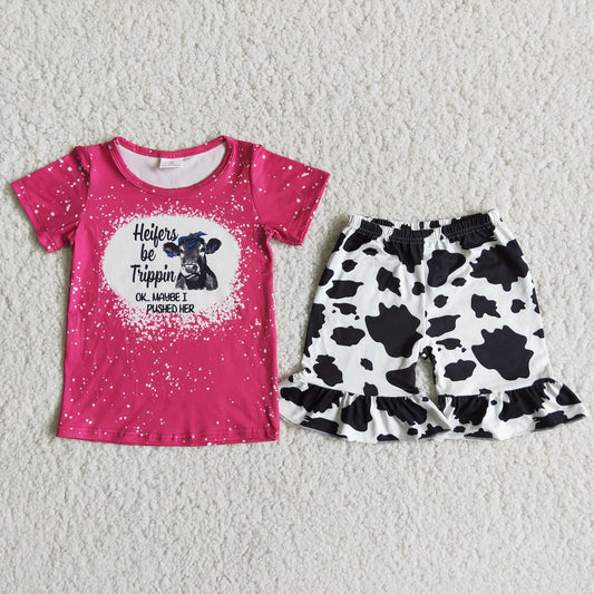 Promotion Baby Girl Summer Pink Shirt Cow Print Ruffle Shorts Western Outfit