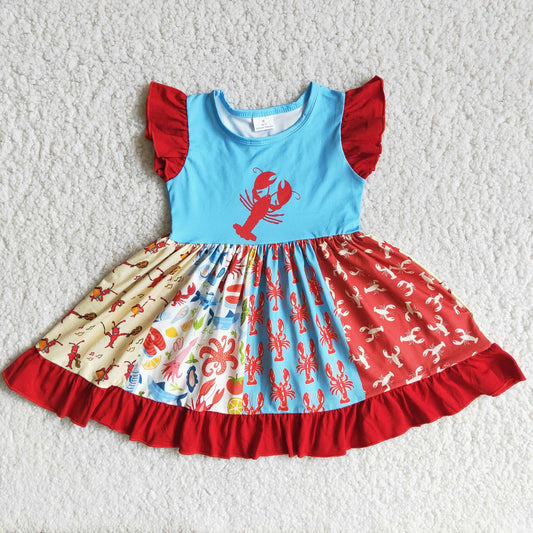 Promotion D12-27 Baby Girl Short Sleeves Crawfish Twirl Dress