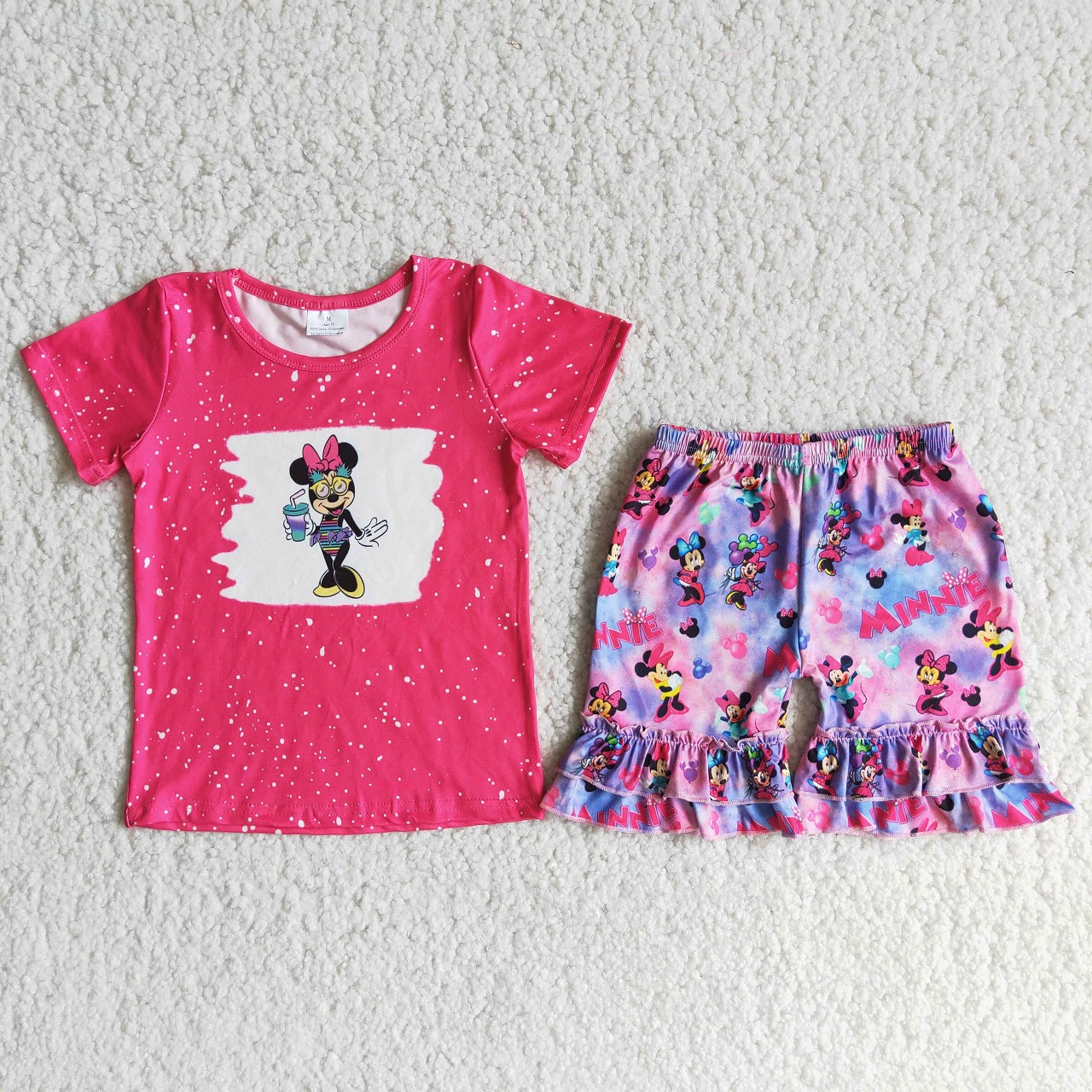 Promotion Baby Girl Summer Pink Shirt Ruffle Shorts Mouse Outfit