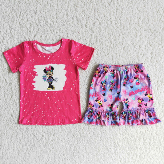 Promotion Baby Girl Summer Pink Shirt Ruffle Shorts Mouse Outfit