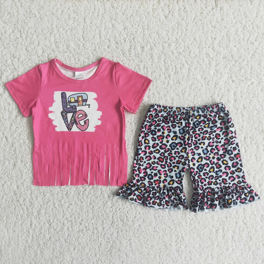 Promotion Baby Girl Short Sleeves Tassel Pink Shirt Leopard Shorts Set