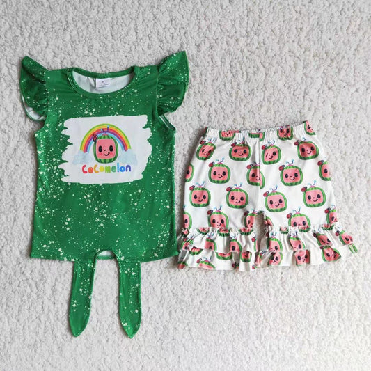 Promotion Baby Girl Summer Melon Ruffle Shorts Green Outfit RTS