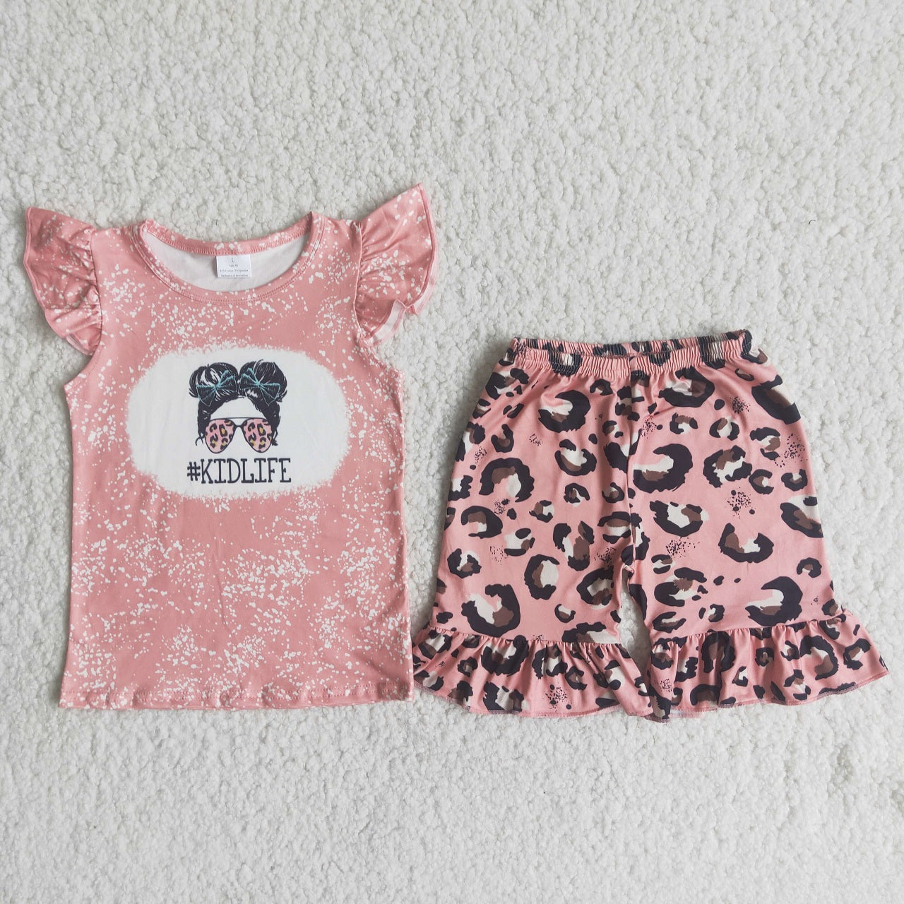 Promotion Baby Girl Short Sleeves Kid Life Shirt Leopard Shorts Set