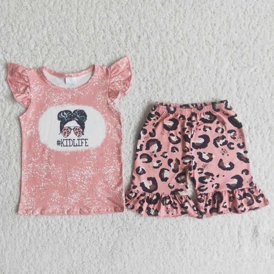 Promotion Baby Girl Short Sleeves Shirt Leopard Shorts Set RTS