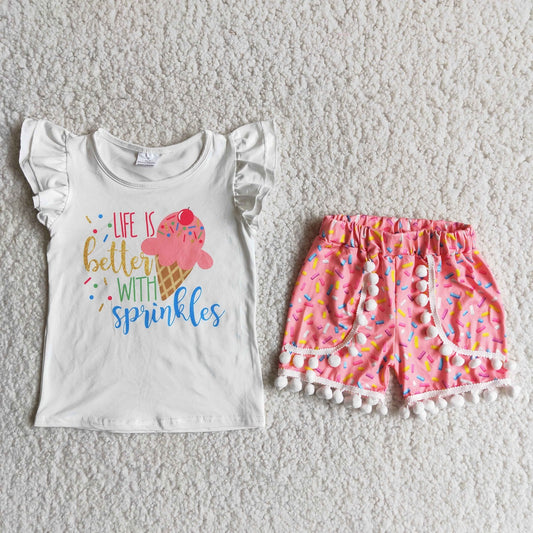 Promotion Baby Girl Short Sleeves Pink Shirt Candy Shorts Set