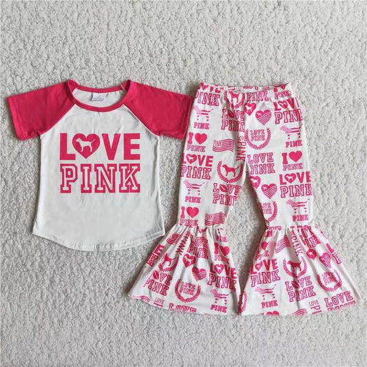 Promotion Baby Girl Short Sleeves Shirt Bell Pants Dogs Pink Outfit