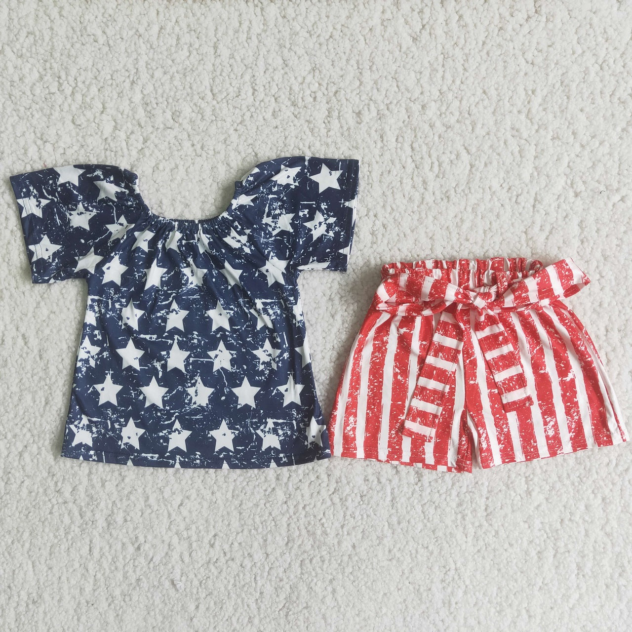 Promotion Baby Girl July 4th Stars Tops Red Striped Belt Shorts Summer Outfit