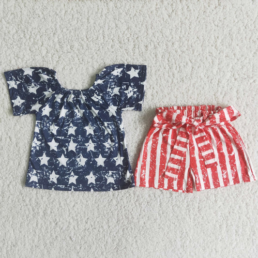 Promotion Baby Girl July 4th Stars Tops Red Striped Belt Shorts Summer Outfit