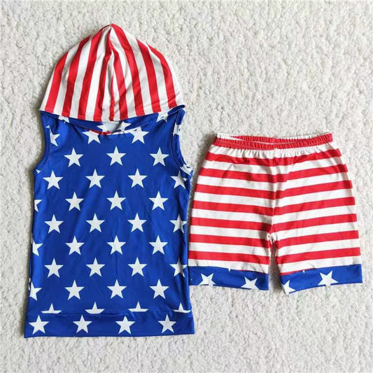 Promotion Baby Boy Sleeveless Hoodie Shirt Shorts July 4th Stars Stripes Set