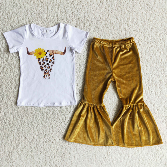 Promotion D2-11 Baby Girl Short Sleeves Cow Sunflower Leopard Shirt Velvet Bell Pants Set