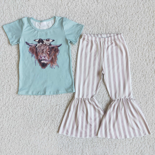 Promotion D2-20 Baby Girl Short Sleeves Cow Shirt Striped Bell Western Set