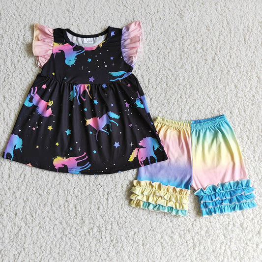 Promotion B1D2-26 Baby Girl Summer Unicorn Colorful Shorts Outfit