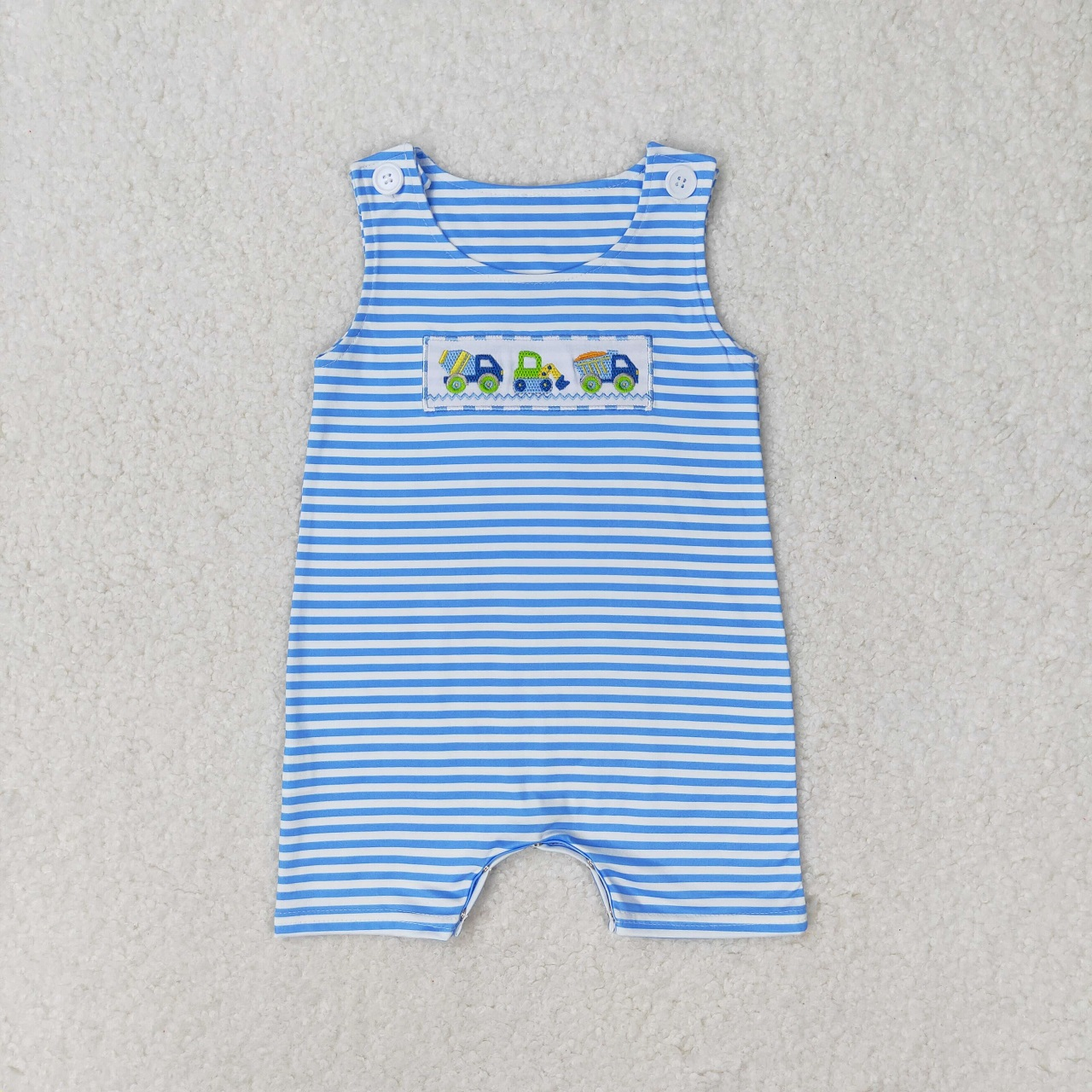 Baby Boy Embroidery Constructions Blue Stripes Summer Buttons Romper