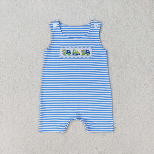 Baby Boy Embroidery Constructions Blue Stripes Summer Buttons Romper