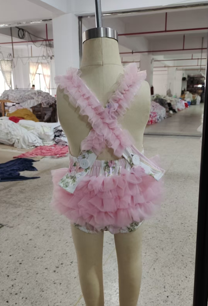 Baby Girl Infant Flower Ruffle Pink Tulle Bubble Romper RTS