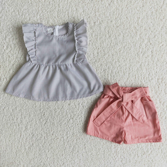 Promotion Baby Girl Summer Short Sleeves Stripes Tunic Pink Shorts Set