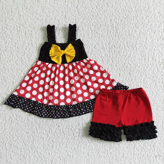 Promotion Baby Girl Sleeveless Dots Tunic Red Black Ruffle Shorts Set