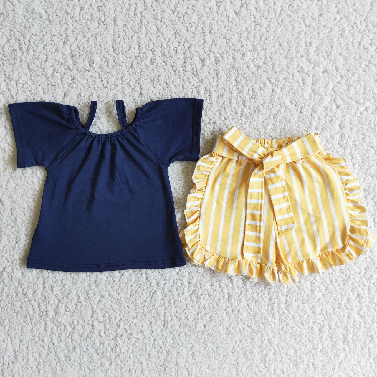 Promotion Baby Girl Summer Navy Blue Shoulder Strap Stripes Shorts Outfit