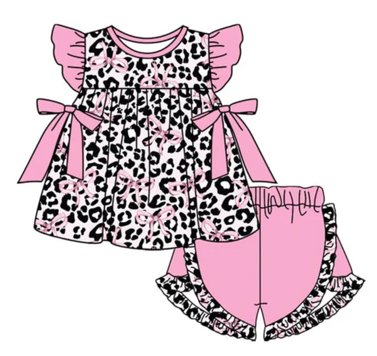 Baby Girl Adult Women Leopard Pink Bows Sibling Matching Romper Dress Shorts Clothes Set Each Style